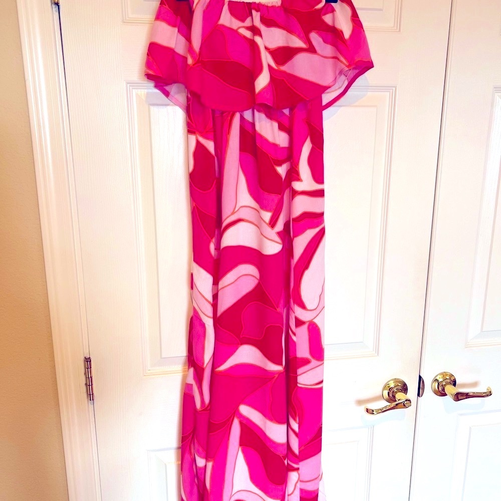 Japna beautiful Strapless With ruffled shoulders Pink and Red Maxi Dress